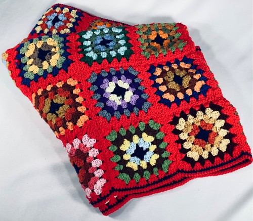 Granny Square Afghan Blanket 48x68” Red/Multicolor Matching Pillow 13 x 13” EUC - Picture 2 of 4