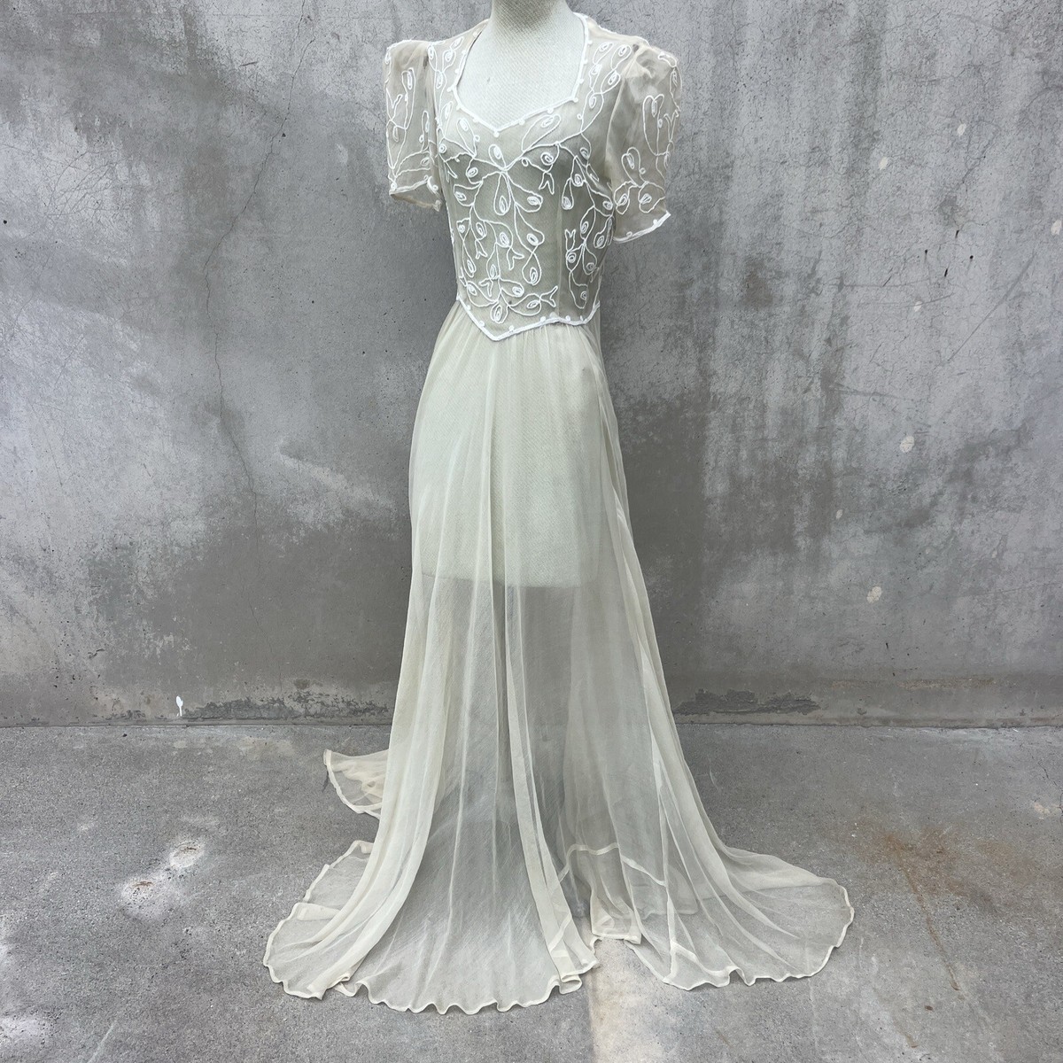 Vintage 1930s Cream Silk Chiffon Dress Embroidered Puff Sleeves Sheer Maxi Gown