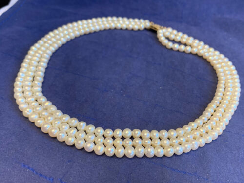 Vtg 14K Yellow Gold Clasp Pearl Necklace 16" Fine Jewelry 3 Strand Box Clasp - Picture 11 of 24