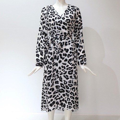 Ladies Leopard Wraps V Neck Swing Dress Long Sleeve Summer Party Dresses SIZE uk - Picture 12 of 28