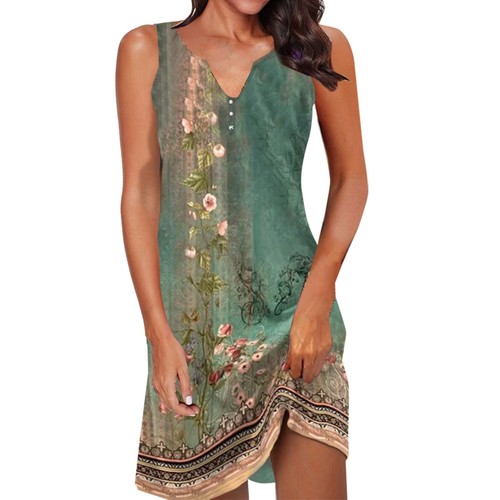 Womens Summer Dress Casual Button Down V Neck Sleeveless Boho Floral Beach Dress - Picture 3 of 42