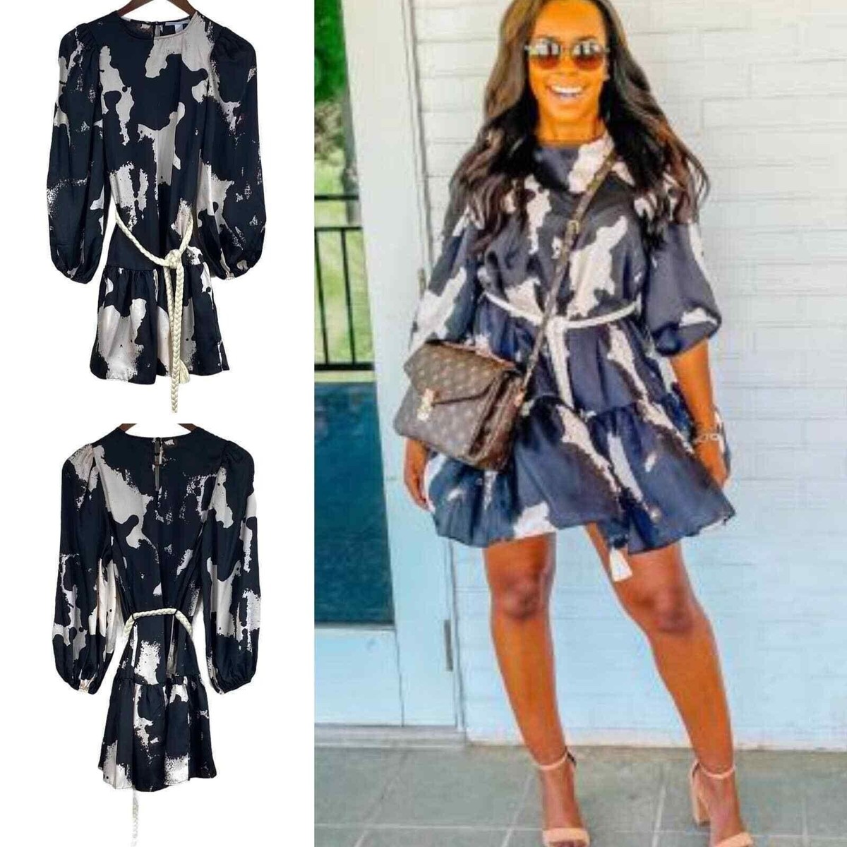 Alexis for Target Black Long Sleeve Rope Belt Tiered Dress Balloon Sleeve Boho eBay