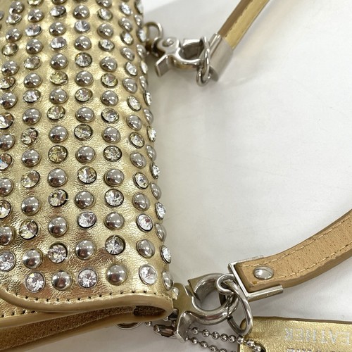 Vtg Handbag Crossbody Women Small Leather Gold Metallic Rhinestone Snap Closure - Picture 7 of 15