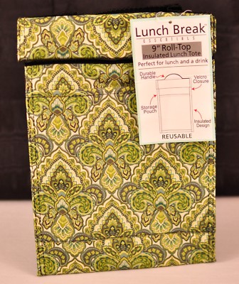 9'' rolled top insulated lunch tote reusable green print top handle loop & hook