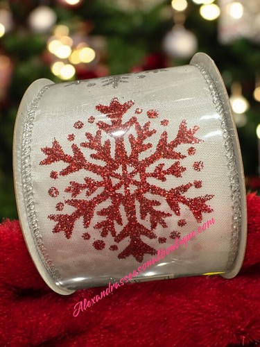 Silver  & Red Glitter Snowflake Wired Edge Ribbon - 2.5” x 30 Ft Christmas Craft - Picture 5 of 6