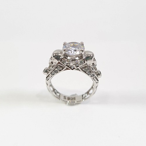 Classic Simulated Diamond Skull Ring Womens Mesh Gothic Engagement Ring Silver - Picture 5 of 12