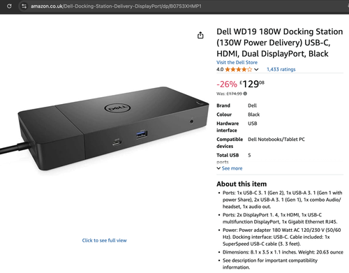 2x Dell K20A 180W Docking Station (130W Power Delivery) USB-C, HDMI, Dual Displa - Photo 5/9