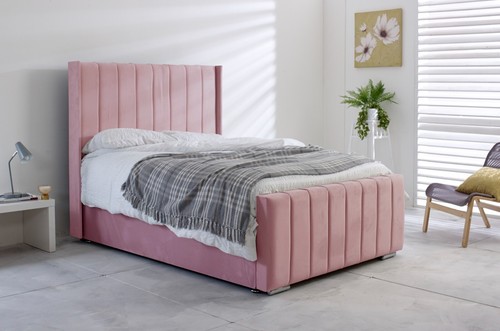 Bed Frame Plush Velvet Fiona Wing Double Bed With Mattress & King Size - Picture 12 of 12