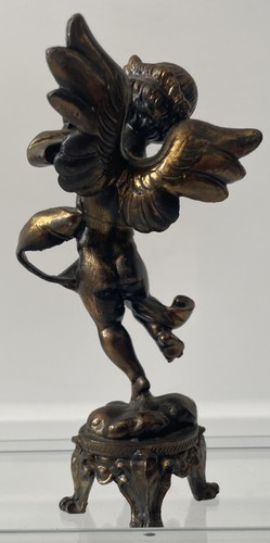Antike französische Cherub Engel spielt Flöte Bronze schwere Eisenstatuette um 1900 - Bild 7 von 16