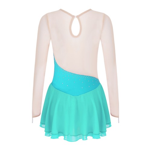 Girls Long Sleeve Glitter Rhinestone Mesh Splice Figure Ice Skating Dance Dress - Bild 42 von 79