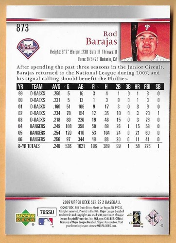 ROD BARAJAS PHILADELPHIA PHILLIES #873 - UPPER DECK NM-MT 2007 - Picture 2 of 2