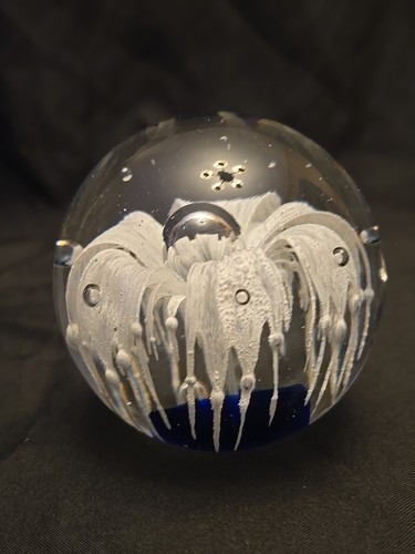 Glass Paperweight. BLue Flower With Blue & White Bottom 3"x3" Some Bubbles. - Picture 4 of 9