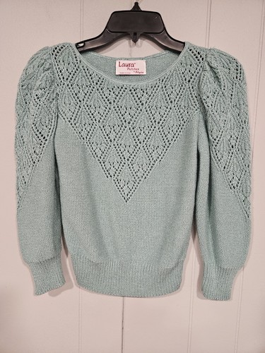 LAURA by ALYZIA Petite Vintage 2-Piece Knit Suit Skirt Set, Green Crochet XSmall - Picture 2 of 7