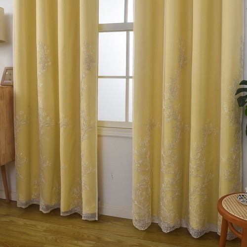 2 Flächenvorhänge mit Stickerei transparent, Ösen oben doppellagig Vorhänge, gelb - Bild 1 von 5