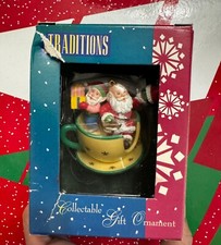 Vtg 1994 Christmas Traditions Ornament Santa & Elf In Tea Cup Ride Original Box