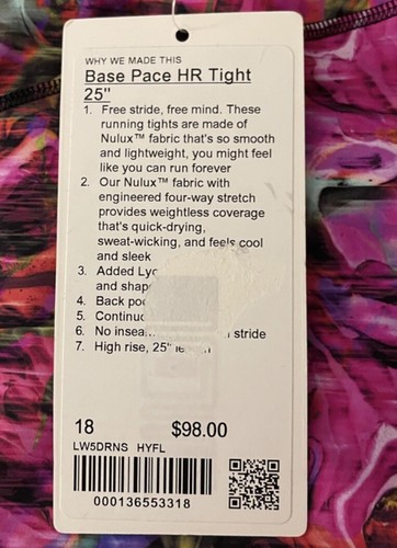 NWT Women’s LULULEMON Sz 18 Base Pace HR Tight 25” Hyper Flow Pink Multi HYFL - Picture 5 of 6