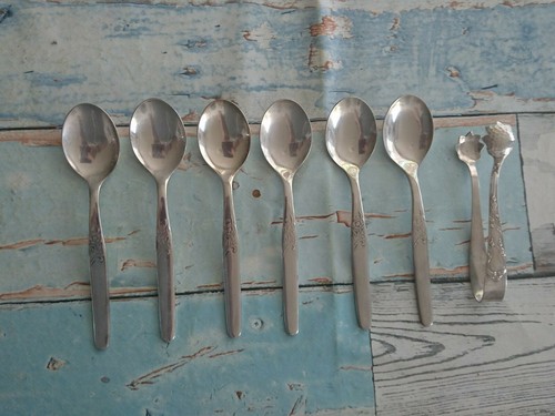 Silber-Kaffeelöffel, versilbert, 6 Stck.  1 Zuckerzange, versilbert, gebraucht - Bild 1 von 5