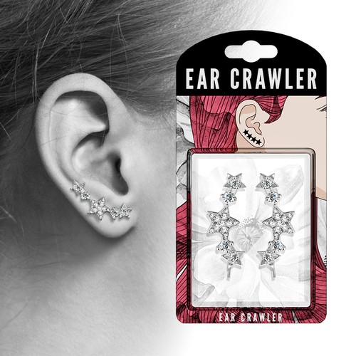 Pair of CZ Paved Stars Ear Crawler Climber Earrings - Picture 2 of 3