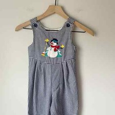 Vintage Boys Blue Gingham Snowman Winter Applique Button Romper Size 2