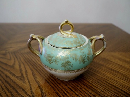 Antique LIMOGES France D & Co R.DELINIERES & Co Green Gold Sugar Dish with Lid - Picture 2 of 8