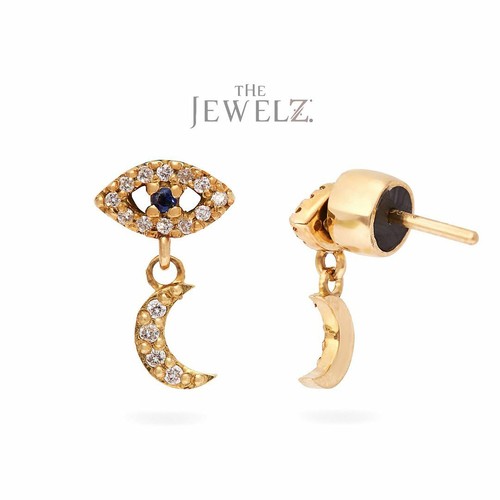 14K Gold VS/F-G Diamond And Blue Sapphire Evil Eye Crescent Moon Drop Earrings - Picture 2 of 4