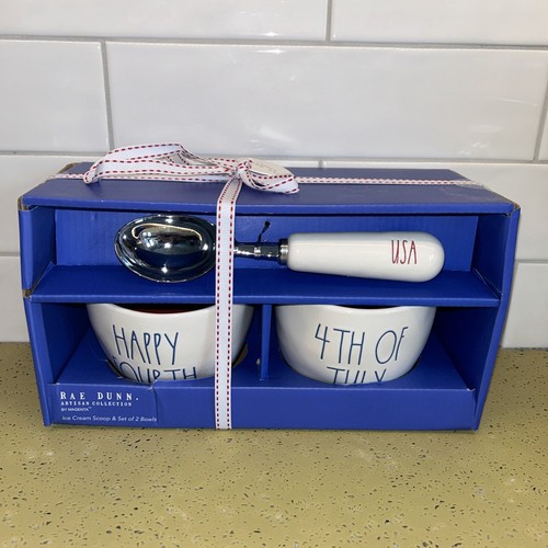 RAE DUNN PATRIOTIC ICE CREAM SET 2 BOWL & SCOOP CERAMIC USA Fourth Of July