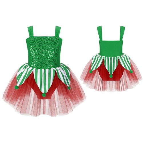 Girls Xmas Sequin Dance Leotard Mesh Tutu Skirt Christmas Cosplay Elf Costume - Picture 12 of 43