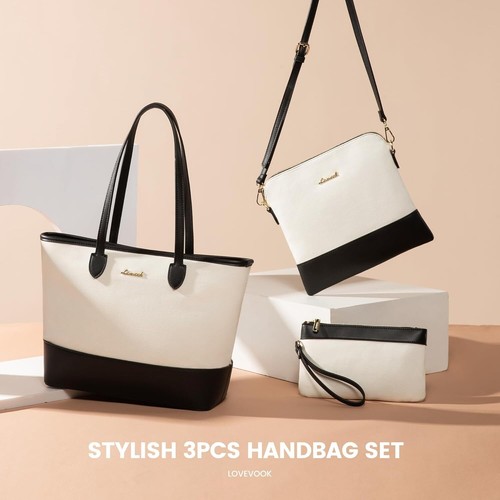 LOVEVOOK Purse and Wallet Set for Women Handbag 3Pcs Canvas Tote Beige-black  - Picture 4 of 7