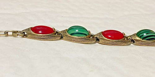 VINTAGE MIRACLE FAUX MALACHITE & CARNELIAN OVAL GLASS CABOCHON BRACELET 19.5CM+ - Picture 12 of 19