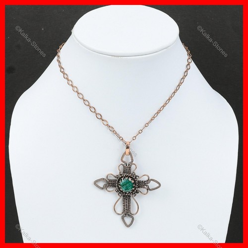 Womens day Deal Copper Zambian Emerald Gemstone Cross And Wire Wrapped Pendant - Picture 6 of 6