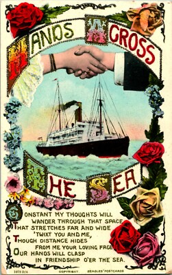 Vtg Postcard - Hands Across The Sea - Beagles' Postcards - Ship Roses Handshake