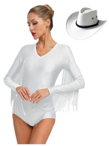 Women Latin Tango Dance Costume Shiny Tassel Leotard Ballroom Dancewear with Hat - Picture 54 of 75