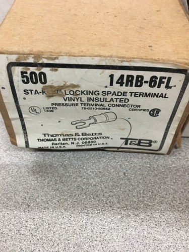 NEW BOX OF 500 THOMAS & BETTS STA-KON LOCKING SPADE TERMINALS 14RB-6FL - Picture 3 of 5