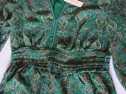 Max Studio Women's size S Green Floral Print V-Neck 3/4 Sleeve Empire Mini Dress - Picture 9 of 11