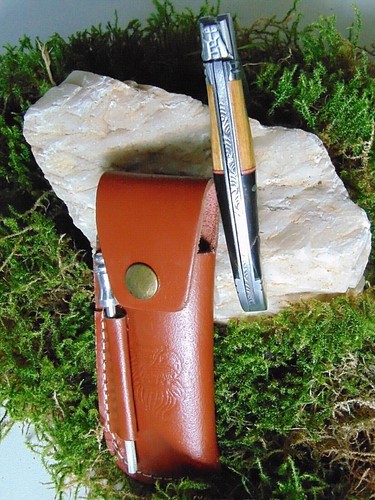 Damast Taschenmesser, Horn-Holz-Griff Klappmesser mit Leder Gürteltasche Wood1! - Bild 4 von 7