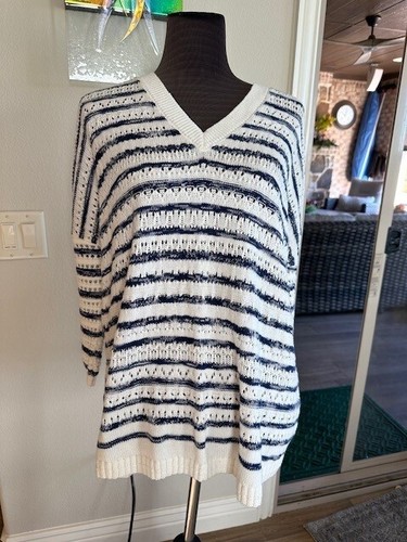 Cabi Peace Pullover Sweater 6178 Cotton Blend Blue White Stripe Boxy Size M - Picture 4 of 12