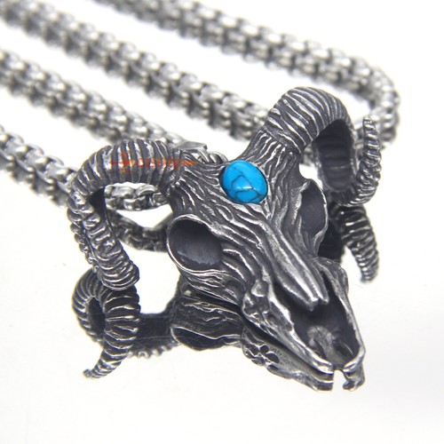 Men's Large Stainless Steel Satan Goat Ram Skull Horn Turquoise Pendant Necklace - Bild 17 von 24
