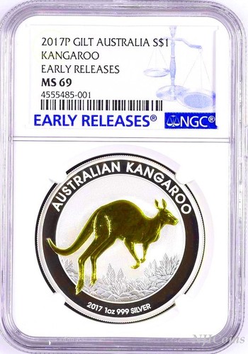 2017 P Australia GILDED Silver Kangaroo NGC MS 69 1 oz Coin w/OGP gilt ER LABEL - Picture 1 of 3