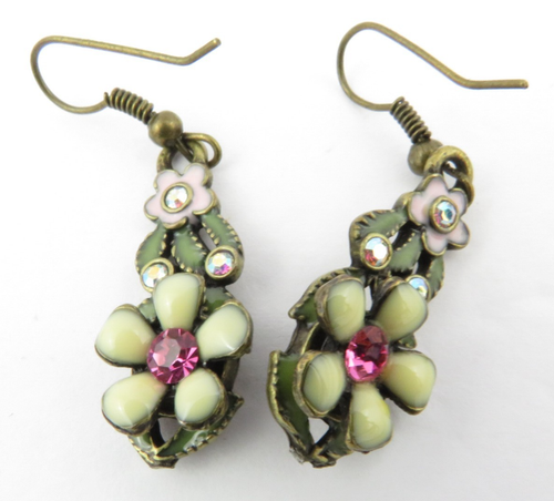 Brass Tone Enameled floral earring and necklace set with rhinestones adjustable - Picture 21 of 22