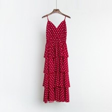 Women Slip Off Shoulder Dress Polka Dots Spotted Tiered Ruffle Frilly Pleated