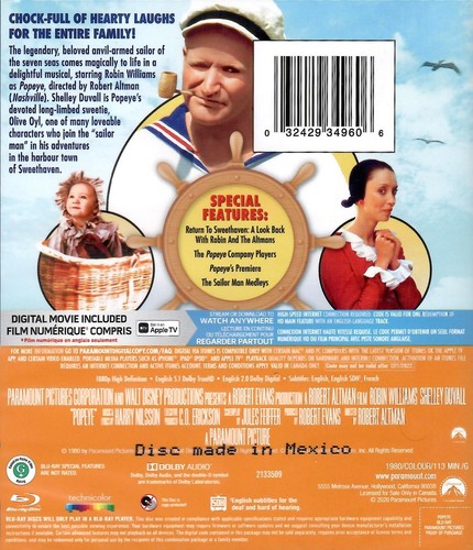 Popeye - Robin Williams , Shelly Duvall , Music by Harry Nilsson - New BluRAY - Picture 2 of 2
