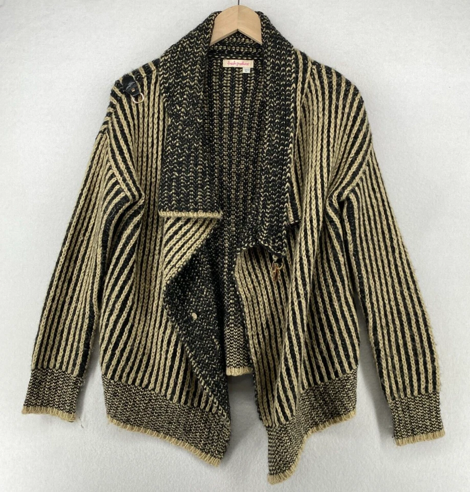 FRESH PRODUCE Sweater L Chunky Striped Cardigan Wrap Moto Beige Black - Image 2 of 4