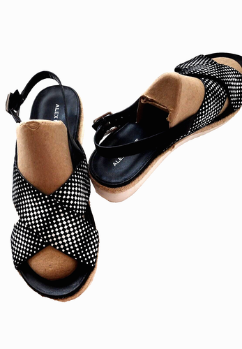 Alex Marie Black White Leather Wedge Sandals  Size 8.5  M - Picture 4 of 9