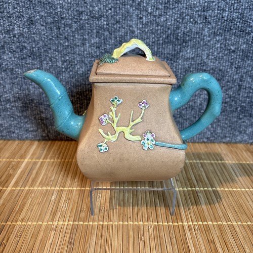Old Chinese YIXING Clay Teapot w/ Teal Enameled Bamboo Spout & Handle - Picture 1 of 6