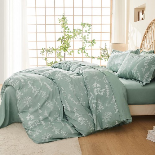 Duvet Cover Queen Size, Reversible Floral Green Duvet Cover Set with Zipper C... - Picture 2 of 8
