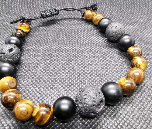 Mens Tigers Eye Black Onyx & Lava Stone Adjustable Bracelet - Picture 5 of 6