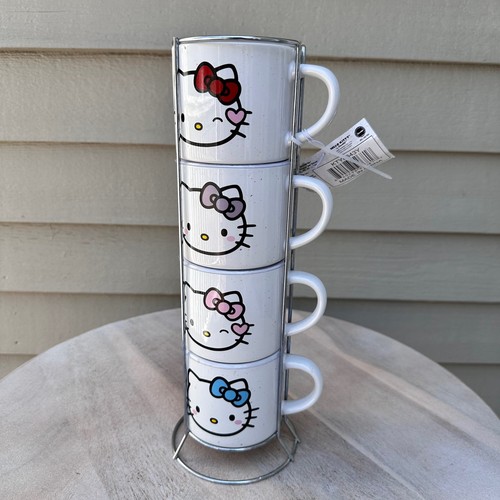Silver Buffalo Sanrio White Classic Hello Kitty Stackable 4 Mugs 1 Rack Set New - Picture 6 of 14