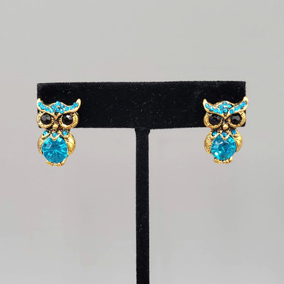 OWL Blue Rhinestone Pierced Earrings Gold tone Drop Bird 1''