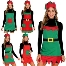 Women's Apron Holiday Christmas Chef Elf Costume Gift Outfit And Hat Carnivals