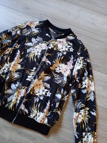 Dorothy Perkins Black Floral Bomber Jacket Zip Front Black Ribbing Casual UK12 - Picture 5 of 20